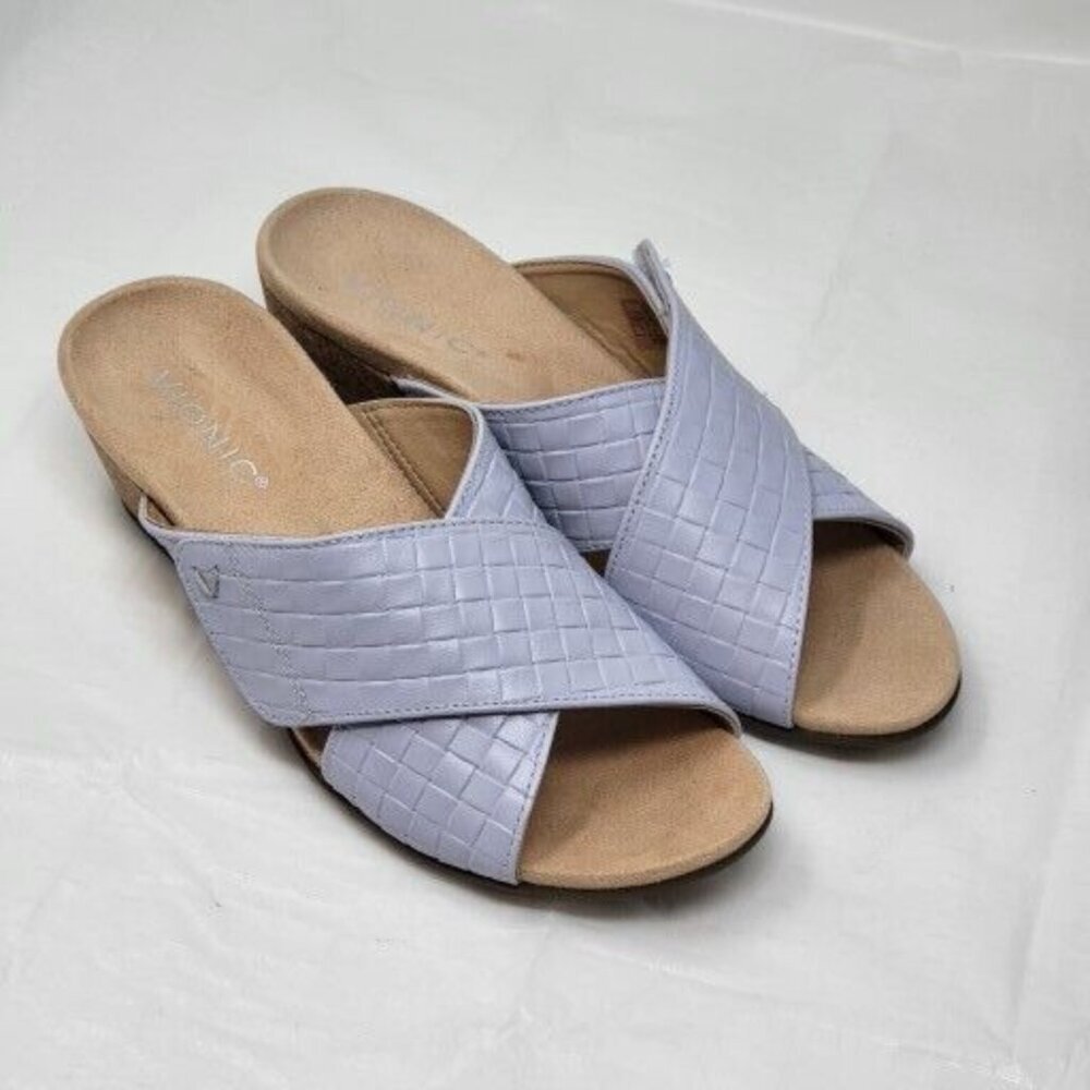 Vionic Leticia Haze blue Pebbled Leather Orthotic Comfort Wedge Sandals size 7